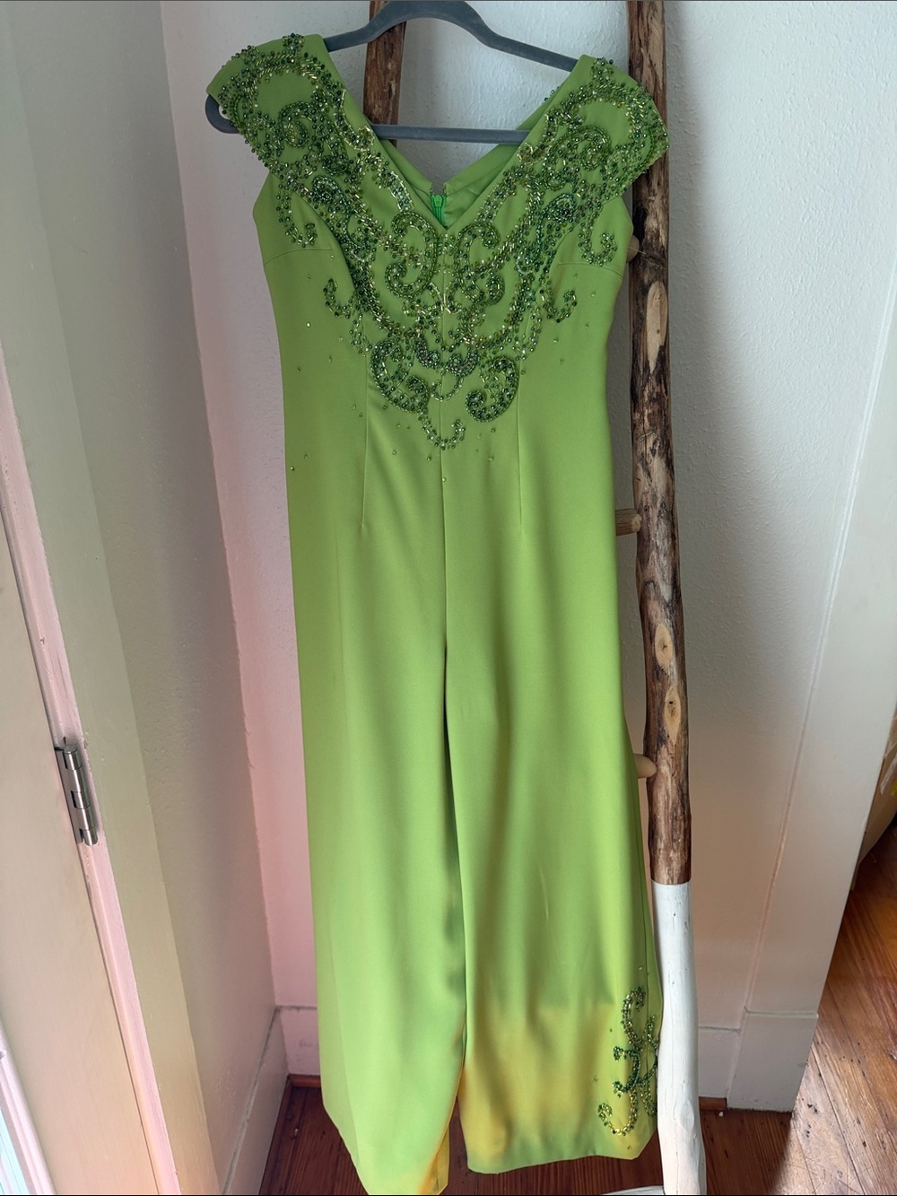 Vintage Custom Lime Green Beaded V-Neck Cocktail Jumpsuit XS Epic 🍸